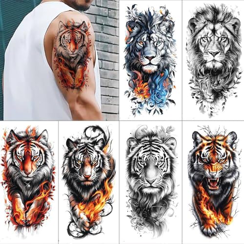 MAYCREATE® 6 Sheets Temporary Tattoo Sticker For Men Tiger Lion Tattoo Stickers Beast on Arm Waterproof Large Tattoos Sticker Set MAYCREATE® 6 Sheets Temporary Tattoo Sticker For Men Tiger Lion Tattoo Stickers Beast on Arm Waterproof Large Tattoos Sticker Set